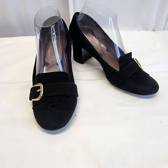 Adrienne Vittadini Black Suede Ginty Pumps Size 7.5 Block Heel Loafer Buckle - Picture 1 of 11